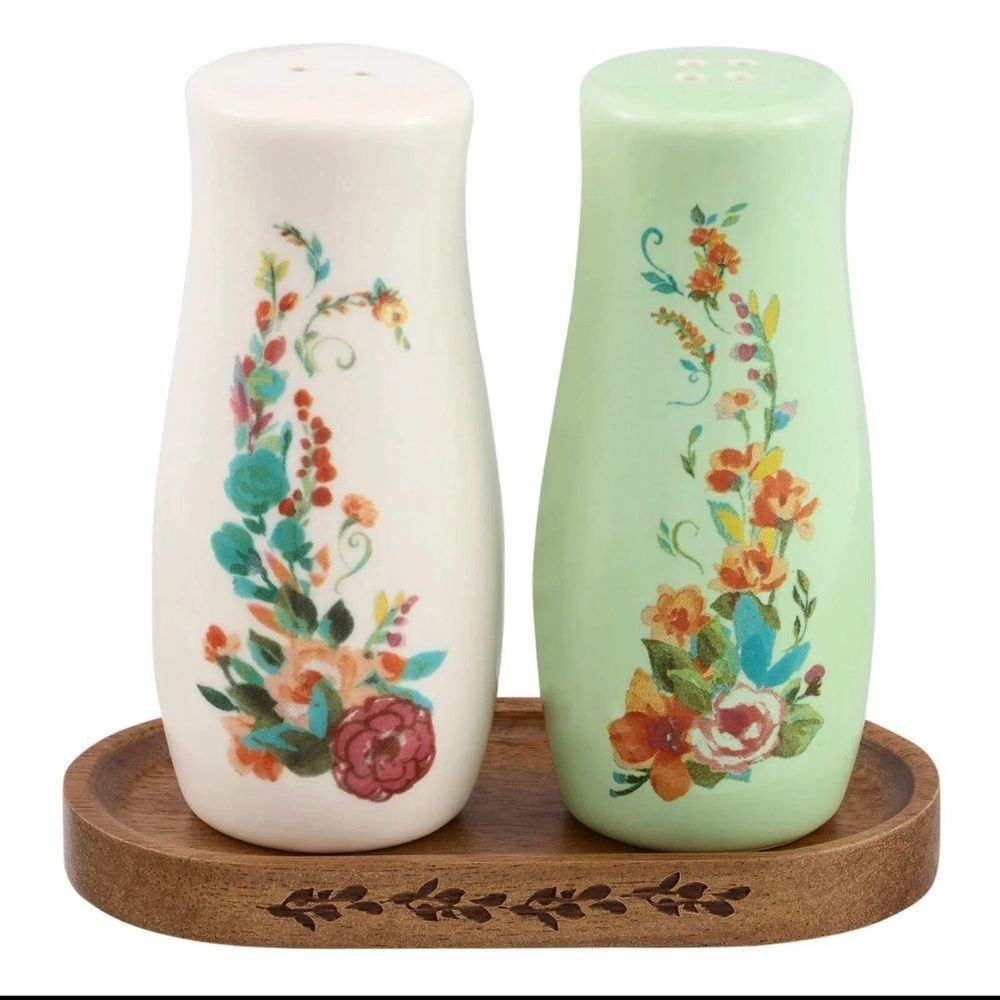 Pioneer Woman Painted Meadow Salt & Pepper Shaker Acacia Wood Base Floral Green